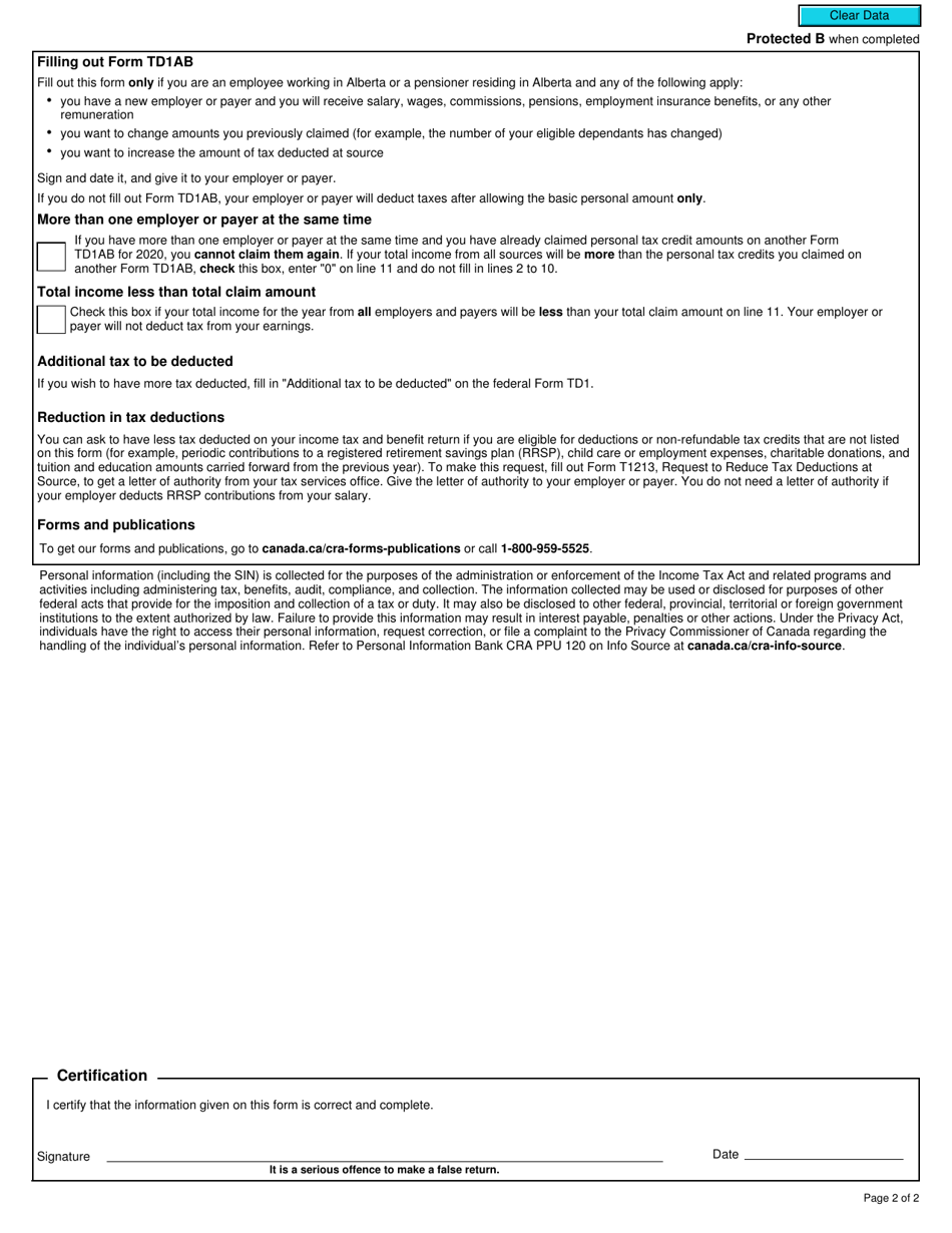 Form TD1AB 2020 Fill Out, Sign Online and Download Fillable PDF