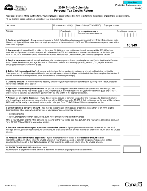 Form TD1BC British Columbia Personal Tax Credits Return - British Columbia, Canada, 2020