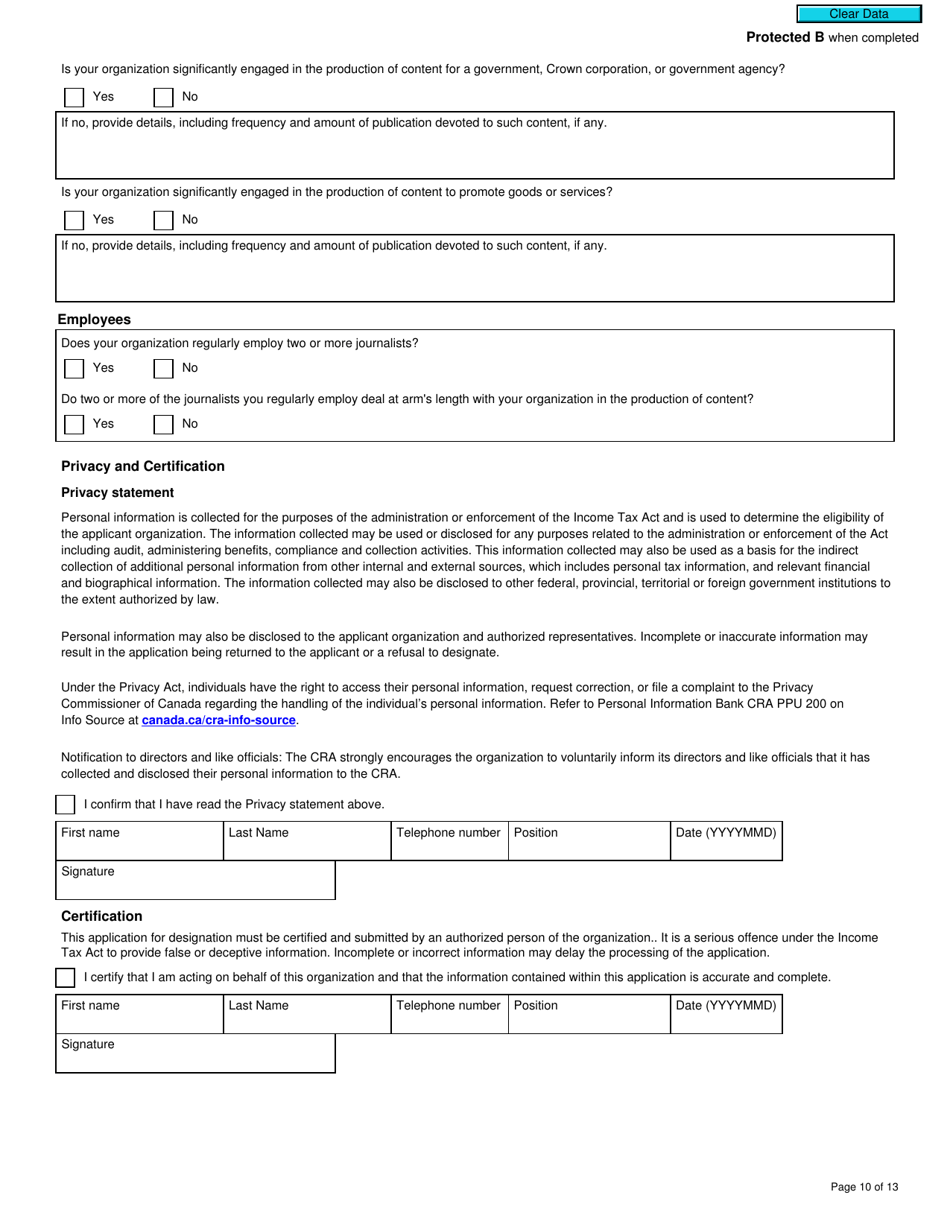 Form T625 Application for Qualified Canadian Journalism Organization Designation - Canada, Page 10
