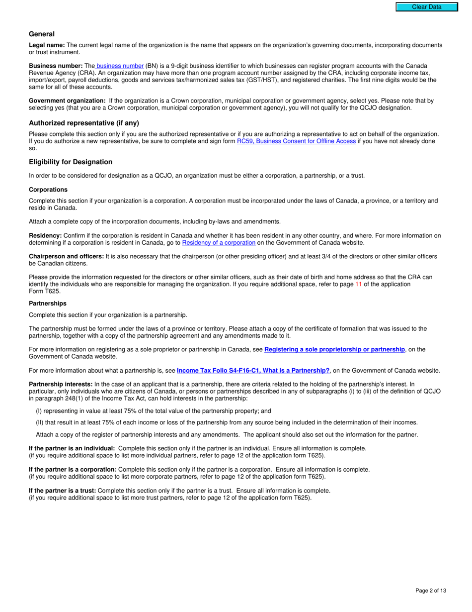 Form T625 Application for Qualified Canadian Journalism Organization Designation - Canada, Page 2