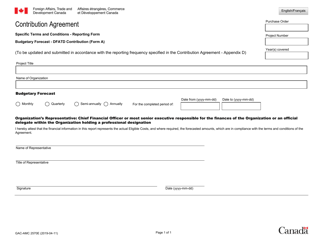 Form A (GAC-AMC2570) &quot;Contribution Agreement Budgetary Forecast - Global Affairs Canada Contribution&quot; - Canada (English/French)