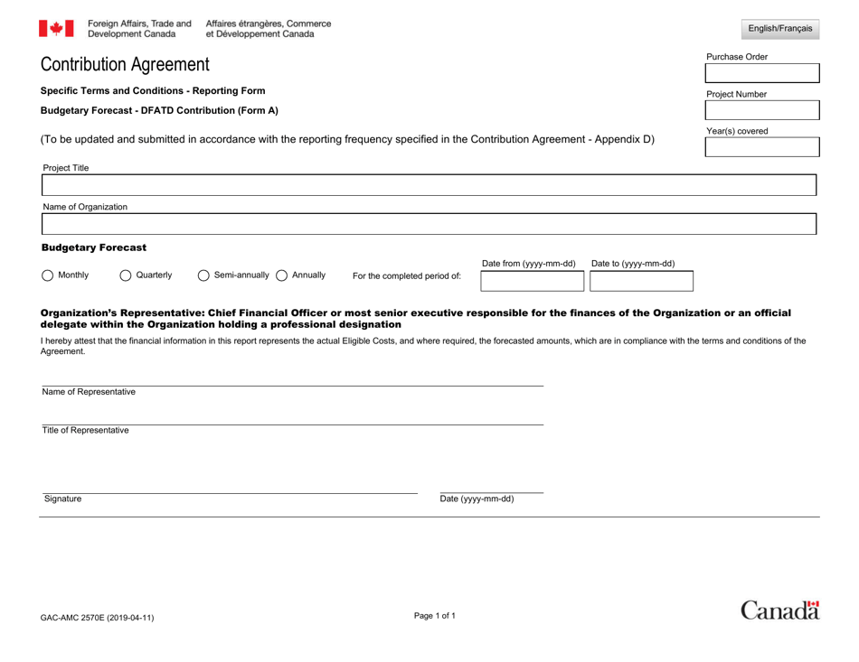 Form A (GAC-AMC2570) Contribution Agreement Budgetary Forecast - Global Affairs Canada Contribution - Canada (English / French), Page 1