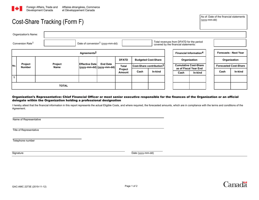 Form F (GAC-AMC2273) Contribution Agreement Cost-Share Tracking - Canada (English/French)