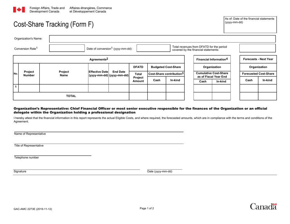 Form F (GAC-AMC2273) Contribution Agreement Cost-Share Tracking - Canada (English / French), Page 1