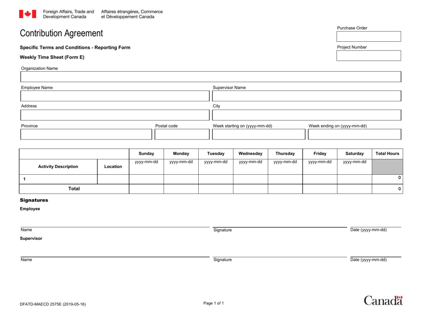 Form E (DFATD-MAECD2575) Contribution Agreement Weekly Time Sheet - Canada (English/French)