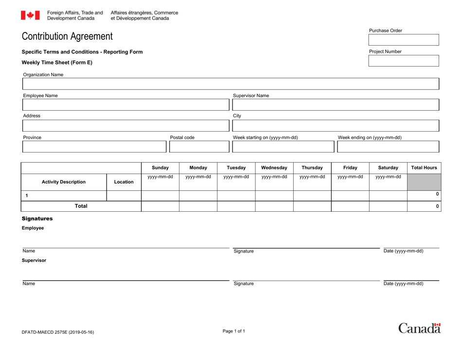 Form E (DFATD-MAECD2575) Contribution Agreement Weekly Time Sheet - Canada (English/French), Page 1