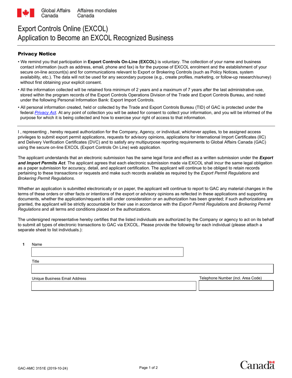Form GAC-AMC3151 Application to Become an Excol Recognized Business - Canada (English / French), Page 1