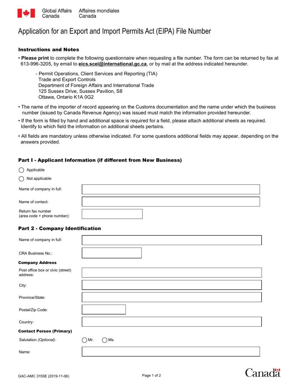 Form GAC-AMC3150 Application for an Export and Import Permits Act (Eipa) File Number - Canada (English / French), Page 1