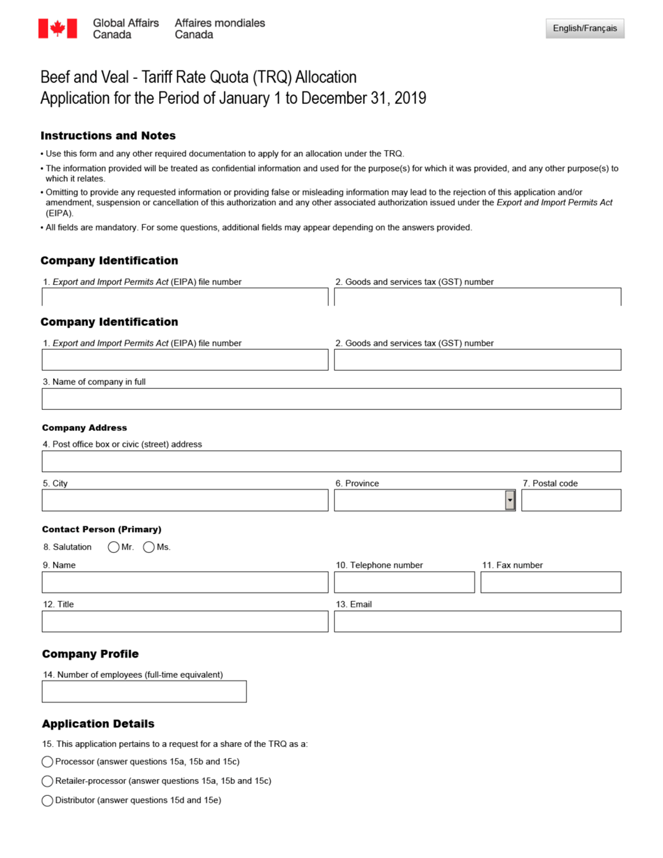 Form GAC-AMC1686E Application for a Share of the Beef and Veal Trq - Canada (English / French), Page 1