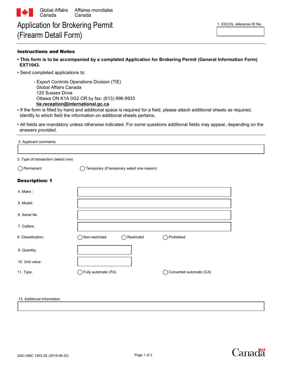 Form GAC-AMC1043-2 Application for Brokering Permit (Firearm Detail Form) - Canada (English / French), Page 1