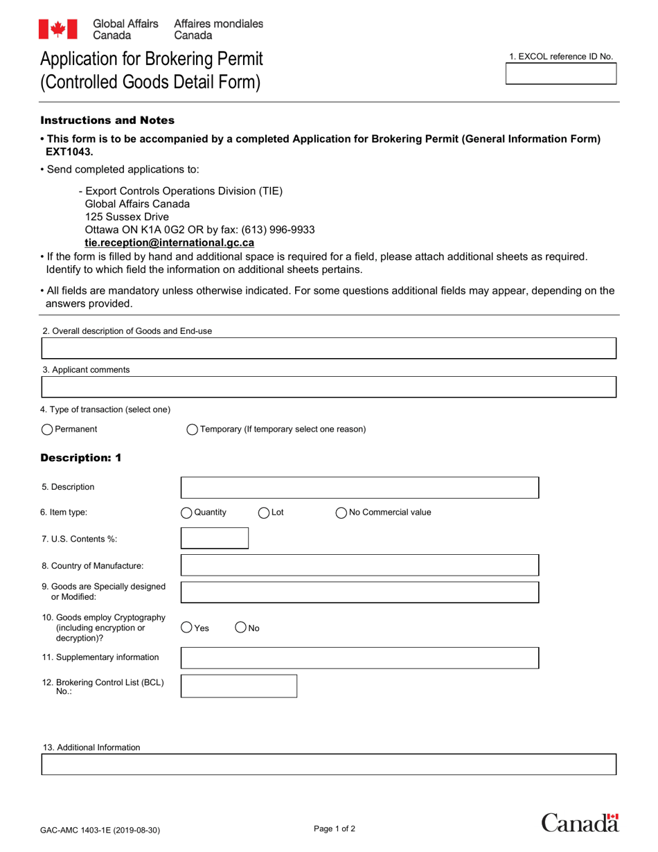 Form GAC-AMC1403-1 Application for Brokering Permit (Controlled Goods Detail Form) - Canada (English / French), Page 1
