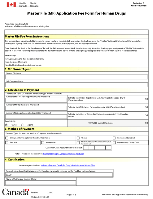 Master File (Mf) Application Fee Form for Human Drugs - Canada Download Pdf