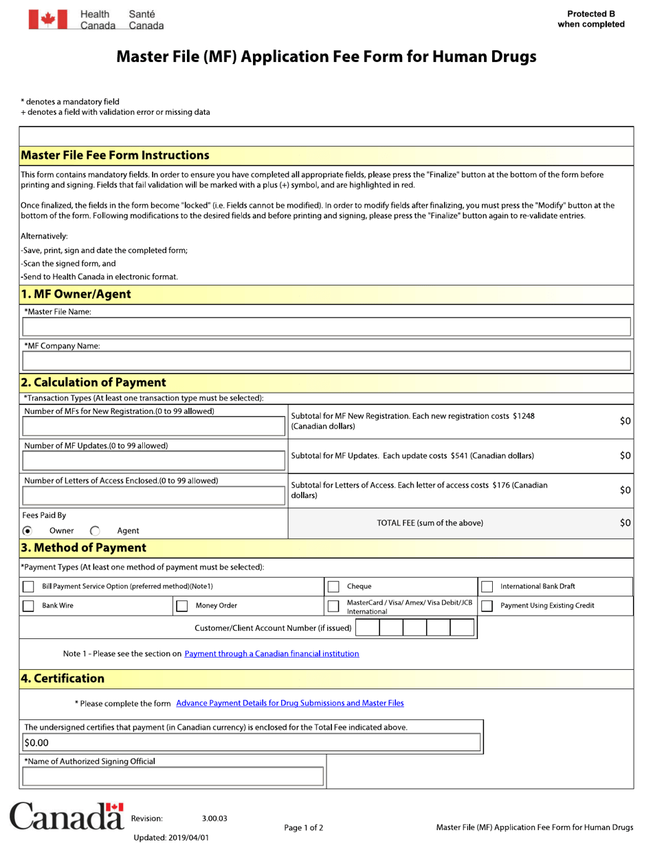 Canada Master File (Mf) Application Fee Form for Human Drugs - Fill Out ...