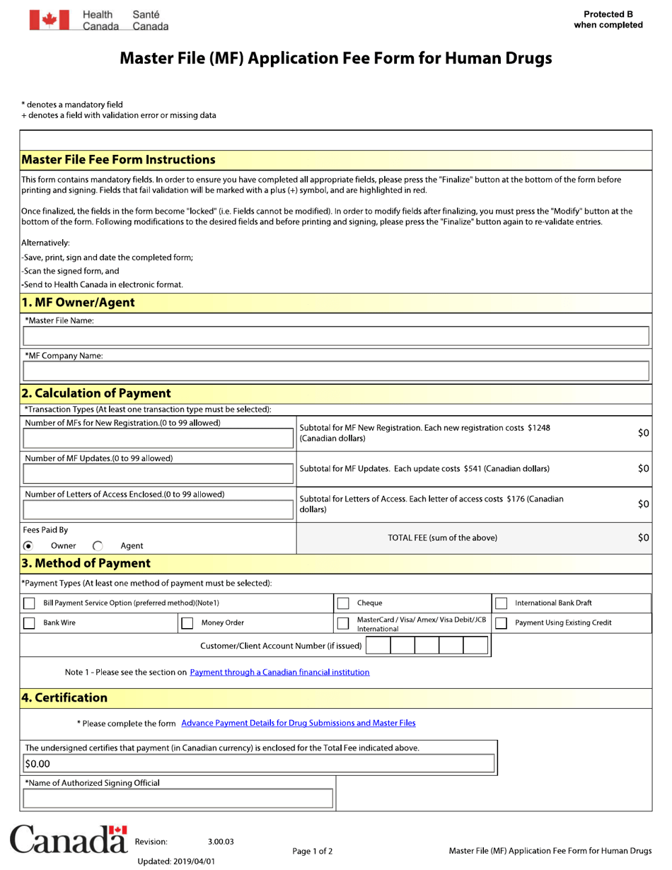 Master File (Mf) Application Fee Form for Human Drugs - Canada, Page 1
