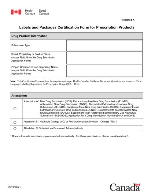 Labels and Packages Certification Form for Prescription Products - Canada Download Pdf