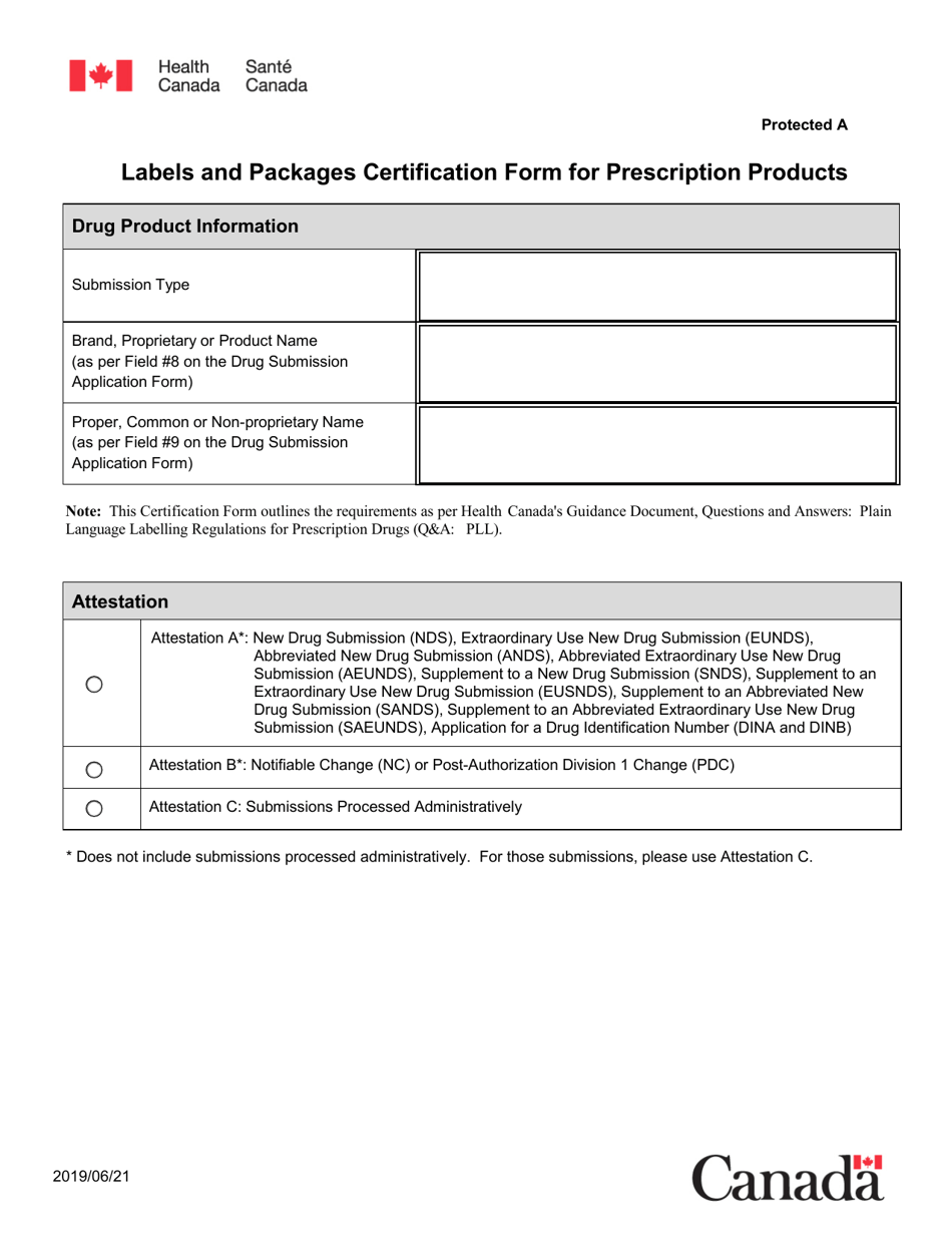 Canada Labels and Packages Certification Form for Prescription Products
