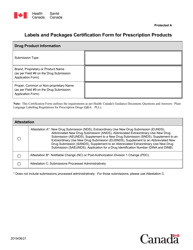 Labels and Packages Certification Form for Prescription Products - Canada