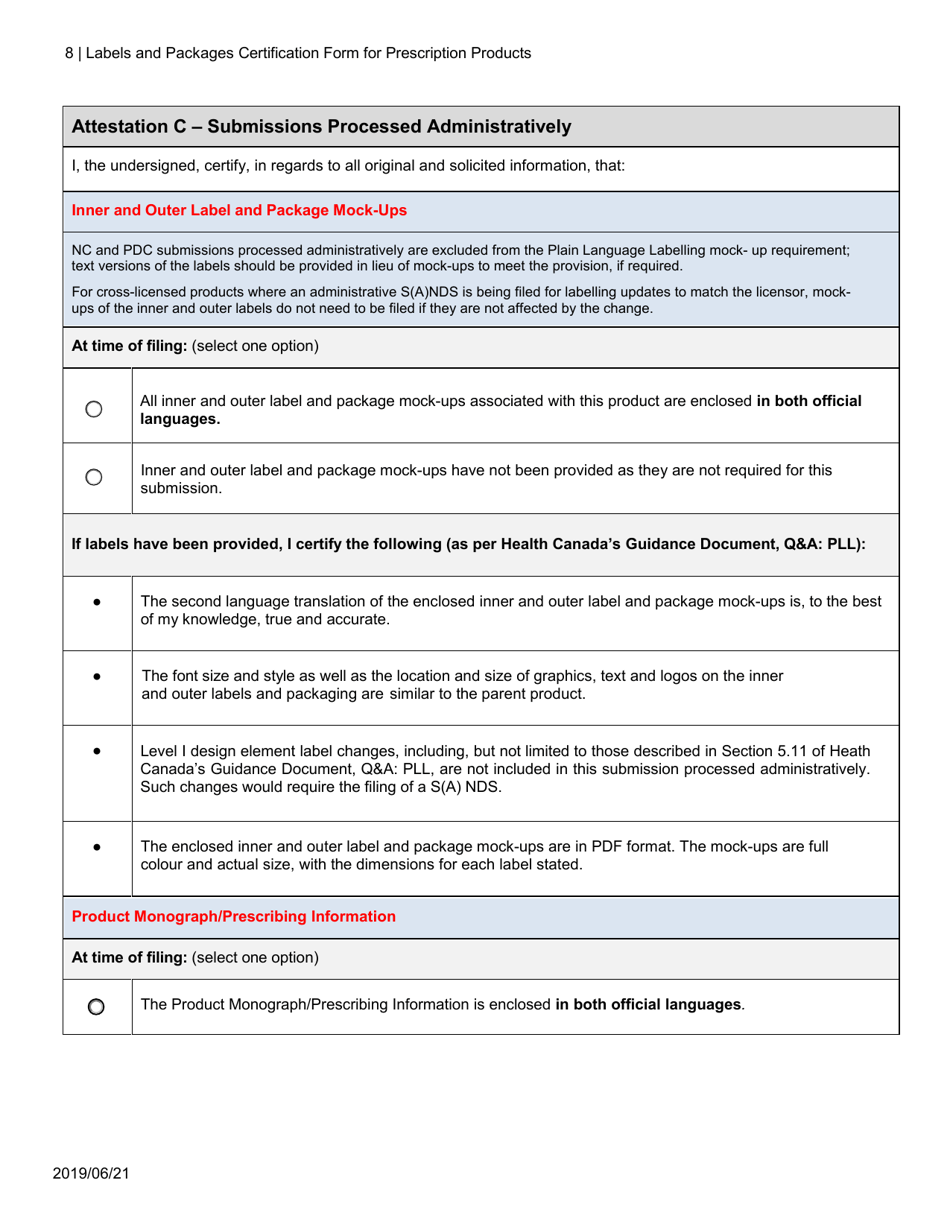 Labels and Packages Certification Form for Prescription Products - Canada, Page 8