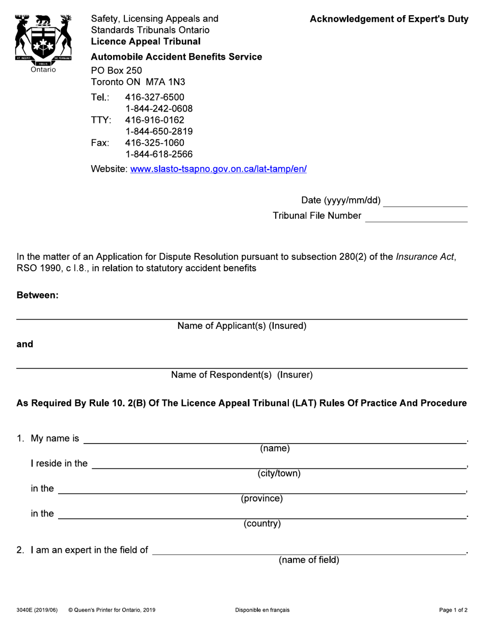 Form 004-3040E Acknowledgement of Experts Duty - Ontario, Canada, Page 1