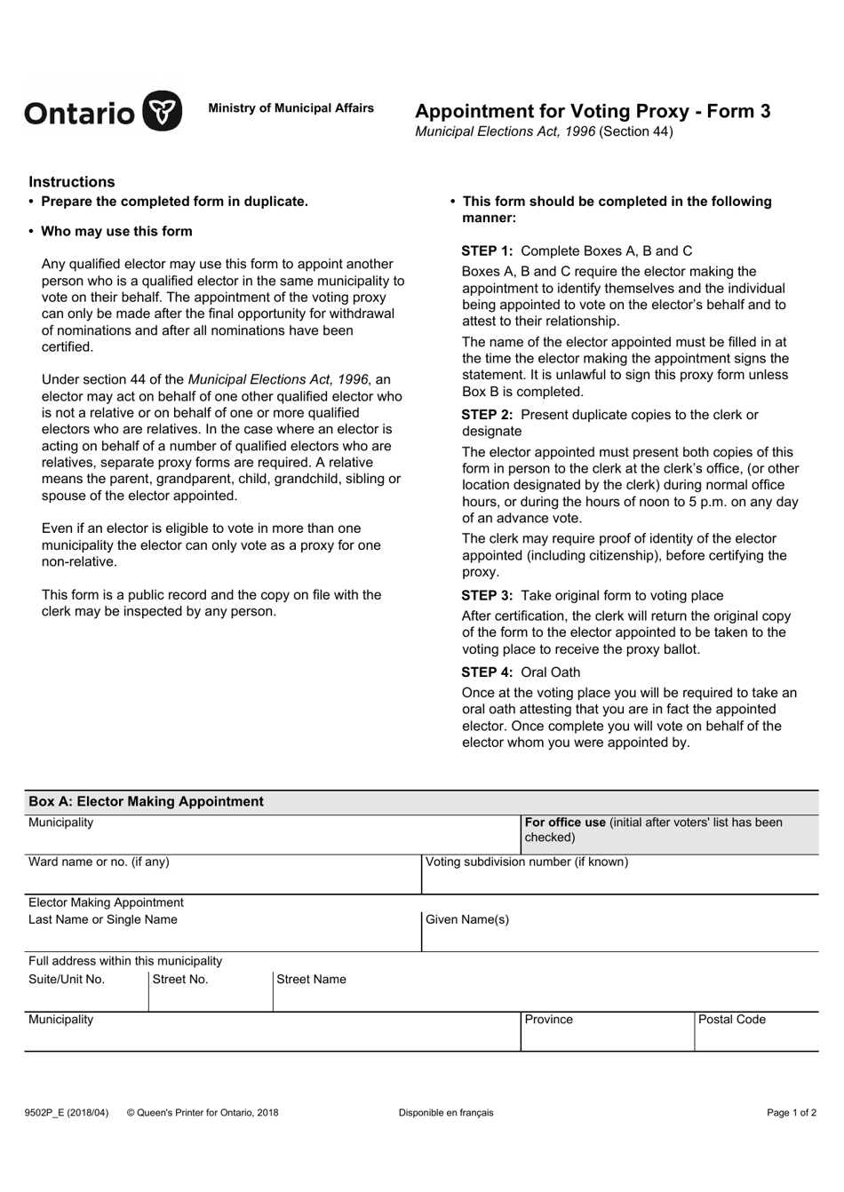 Form 3 (9502P) Appointment for Voting Proxy - Ontario, Canada, Page 1