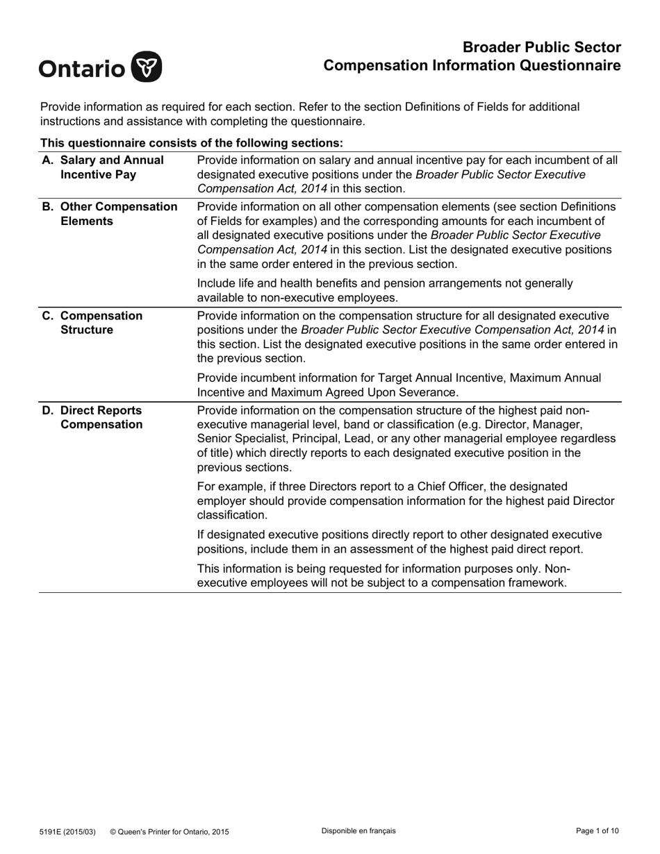 Form 046-5191 Broader Public Sector Compensation Information Questionnaire - Ontario, Canada, Page 1