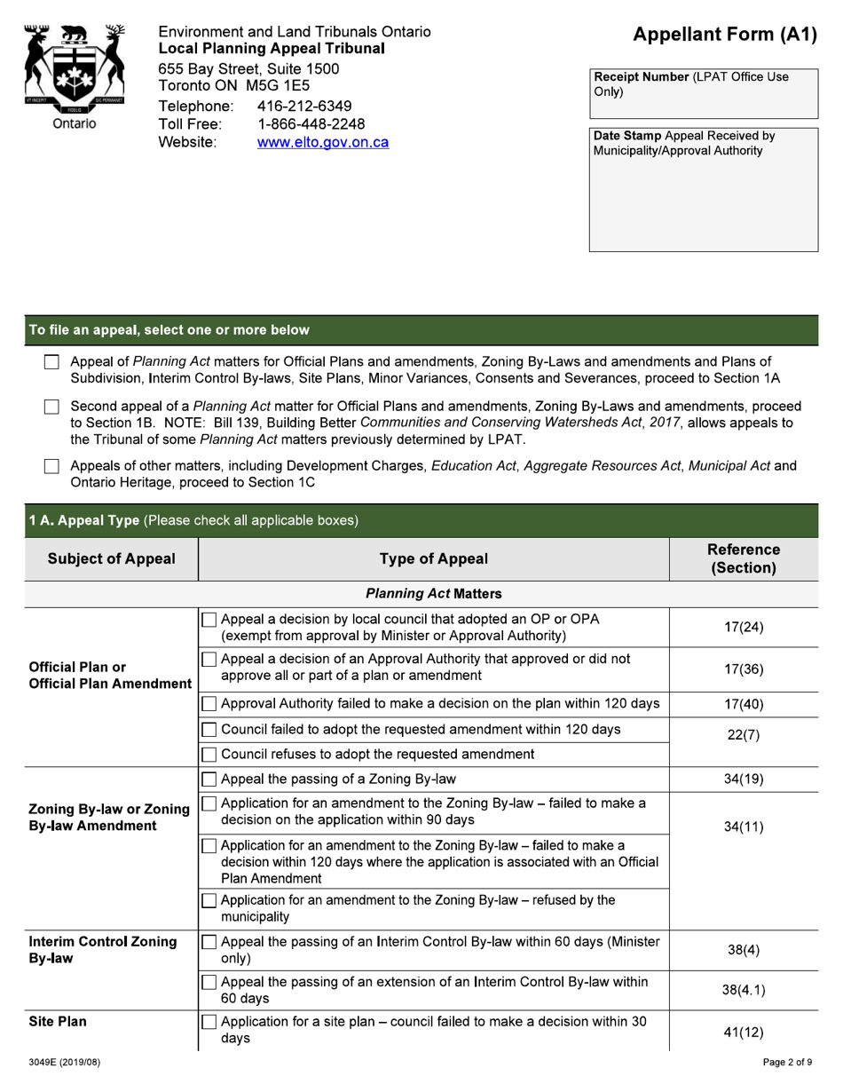 Form A1 (004-3049) Appellant Form - Ontario, Canada, Page 2