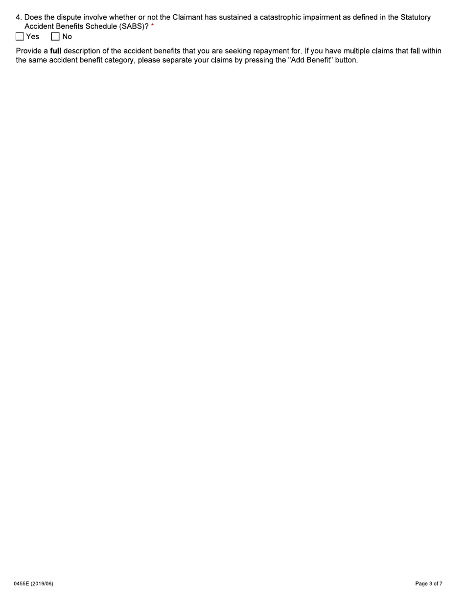 Form 004-0455E Application by an Insurance Company for Auto Insurance Dispute Resolution Under the Insurance Act - Ontario, Canada, Page 3