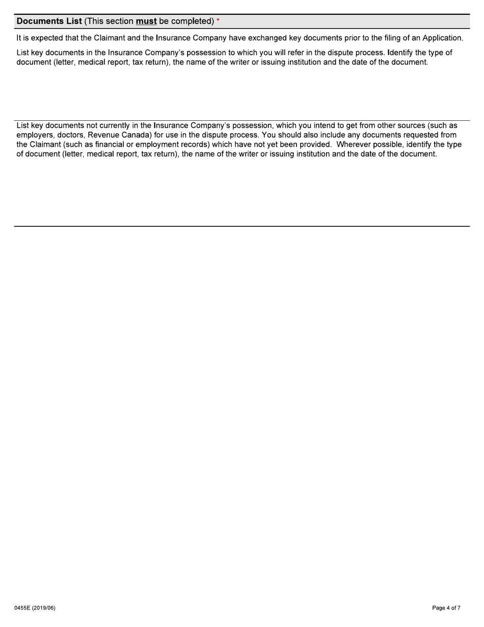 Form 004-0455E Application by an Insurance Company for Auto Insurance Dispute Resolution Under the Insurance Act - Ontario, Canada, Page 4