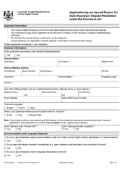 Document preview: Form 0457E Application by an Injured Person for Auto Insurance Dispute Resolution Under the Insurance Act - Ontario, Canada