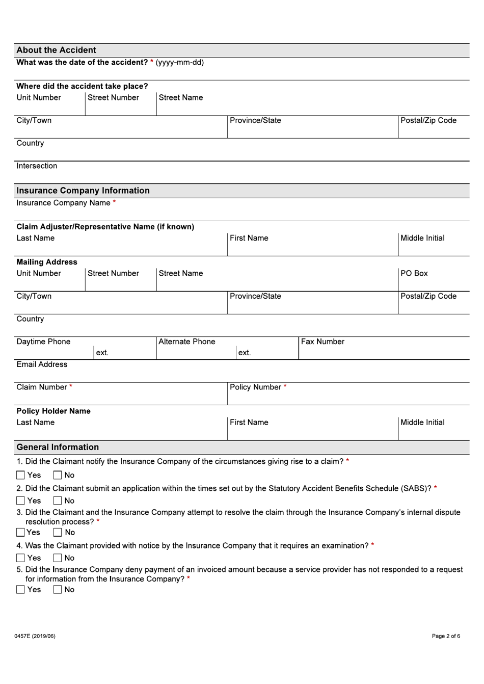 Form 0457E Application by an Injured Person for Auto Insurance Dispute Resolution Under the Insurance Act - Ontario, Canada, Page 2