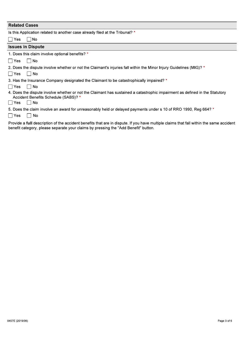 Form 0457E Application by an Injured Person for Auto Insurance Dispute Resolution Under the Insurance Act - Ontario, Canada, Page 3