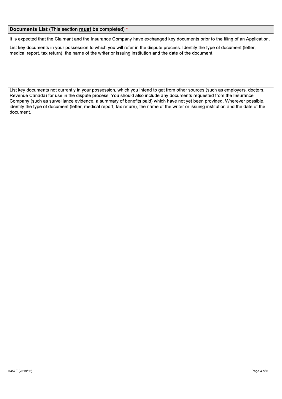 Form 0457E Application by an Injured Person for Auto Insurance Dispute Resolution Under the Insurance Act - Ontario, Canada, Page 4