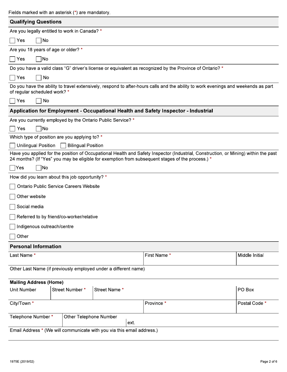 Form 1975E Application for Employment Occupational Health and Safety Inspector - Industrial - Ontario, Canada, Page 2