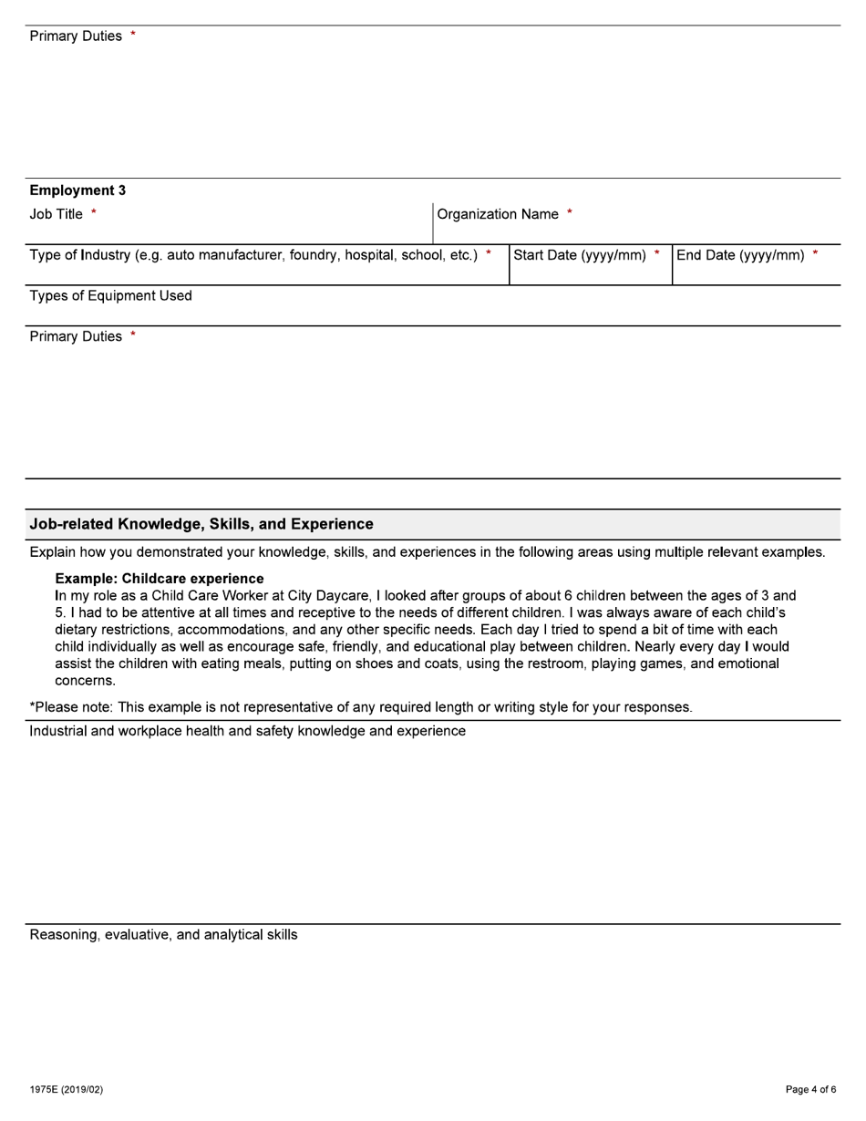 Form 1975E Application for Employment Occupational Health and Safety Inspector - Industrial - Ontario, Canada, Page 4