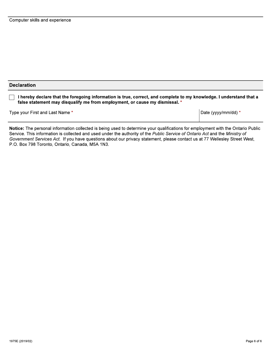 Form 1975E Application for Employment Occupational Health and Safety Inspector - Industrial - Ontario, Canada, Page 6