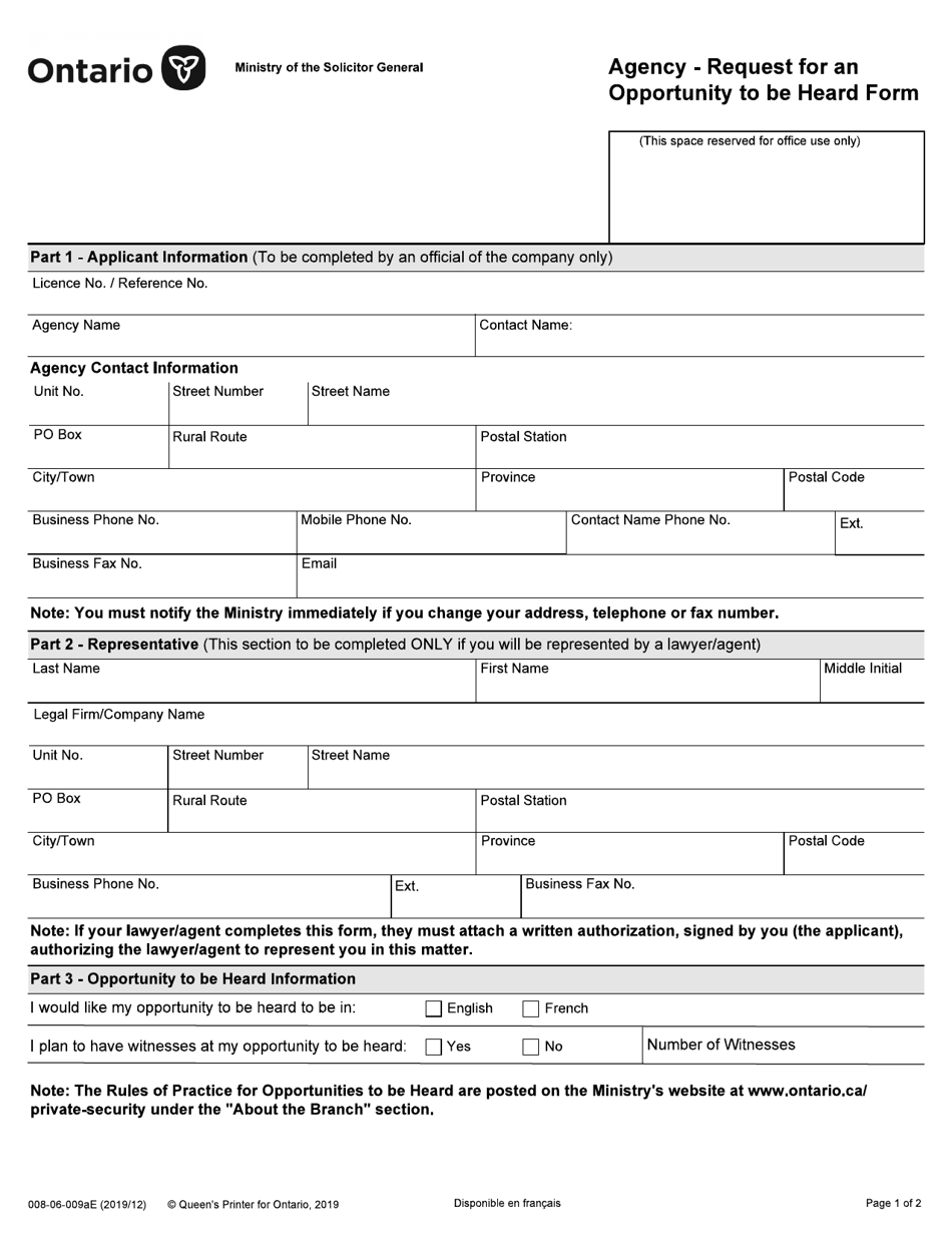 Form 008-06-009AE Agency - Request for an Opportunity to Be Heard Form - Ontario, Canada, Page 1