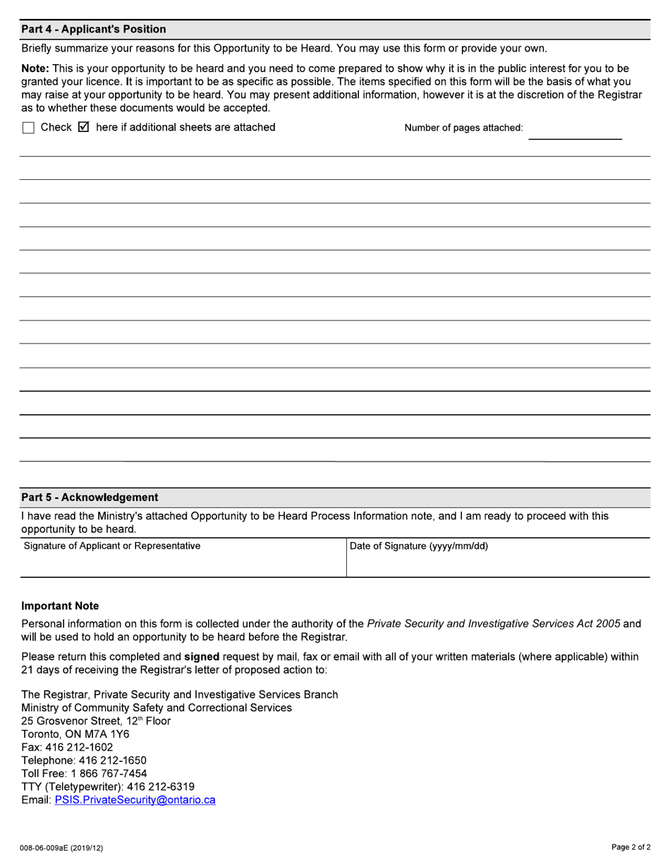 Form 008-06-009AE Agency - Request for an Opportunity to Be Heard Form - Ontario, Canada, Page 2
