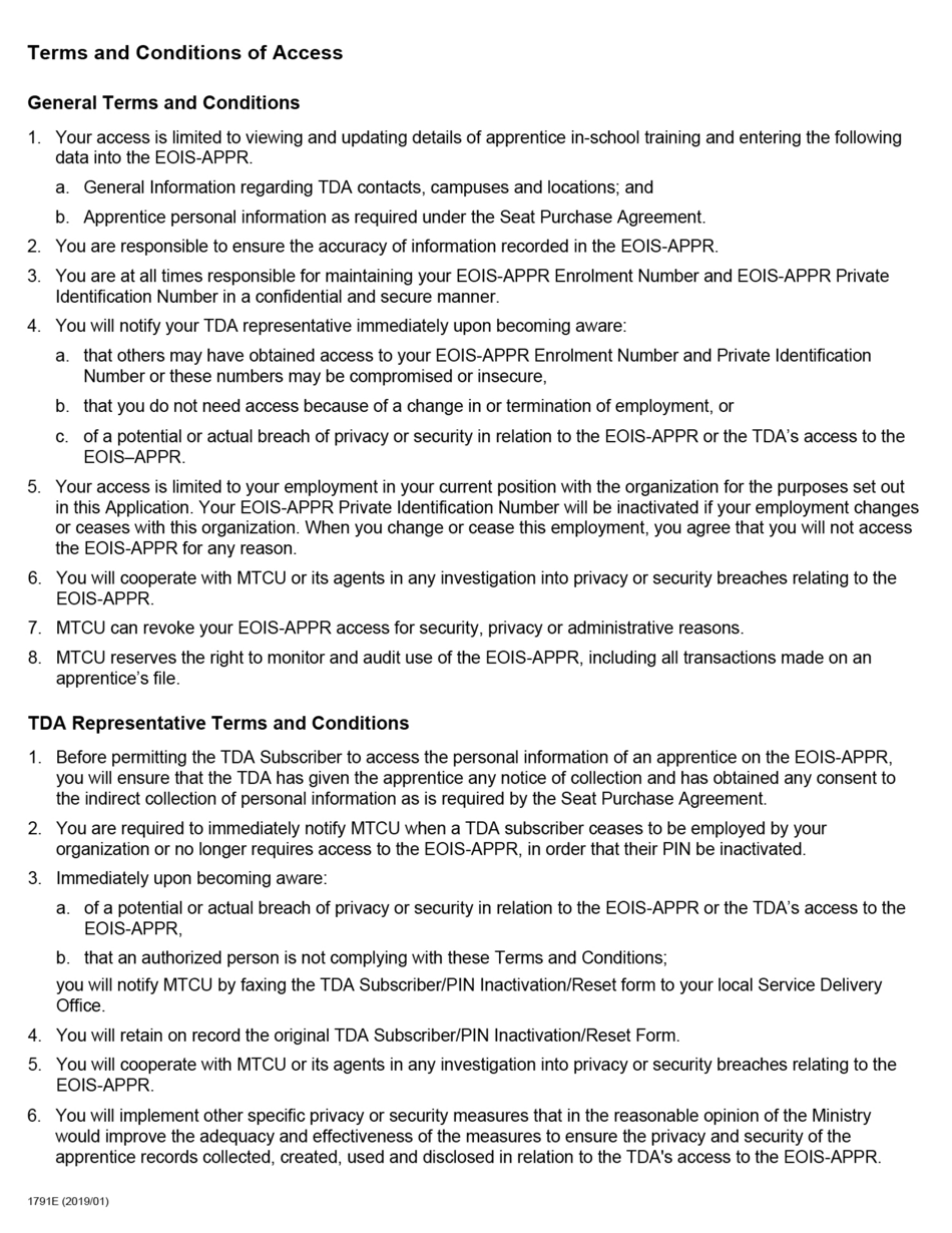 Form 1791E Application for Access Training Delivery Agent (Tda) Subscriber - Ontario, Canada, Page 2
