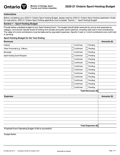 Form 52-208E Ontario Sport Hosting Budget - Ontario, Canada, 2021