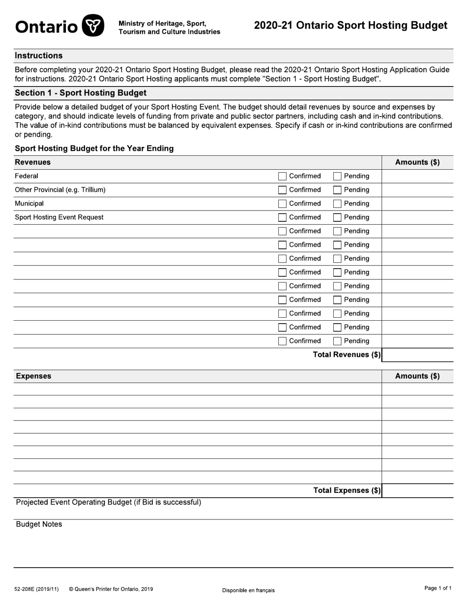 Form 52-208E Ontario Sport Hosting Budget - Ontario, Canada, Page 1