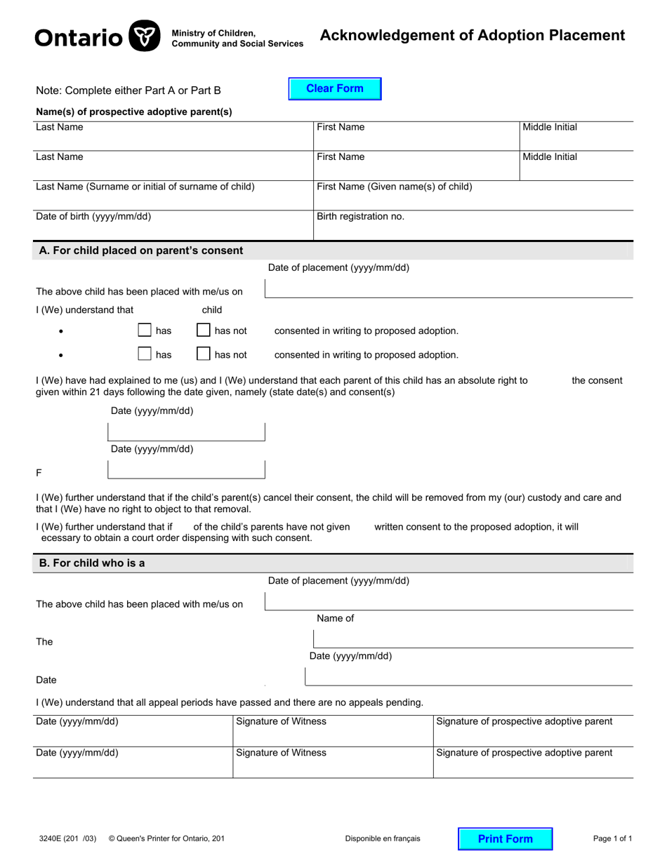 Form 3240E Acknowledgement of Adoption Placement - Ontario, Canada, Page 1