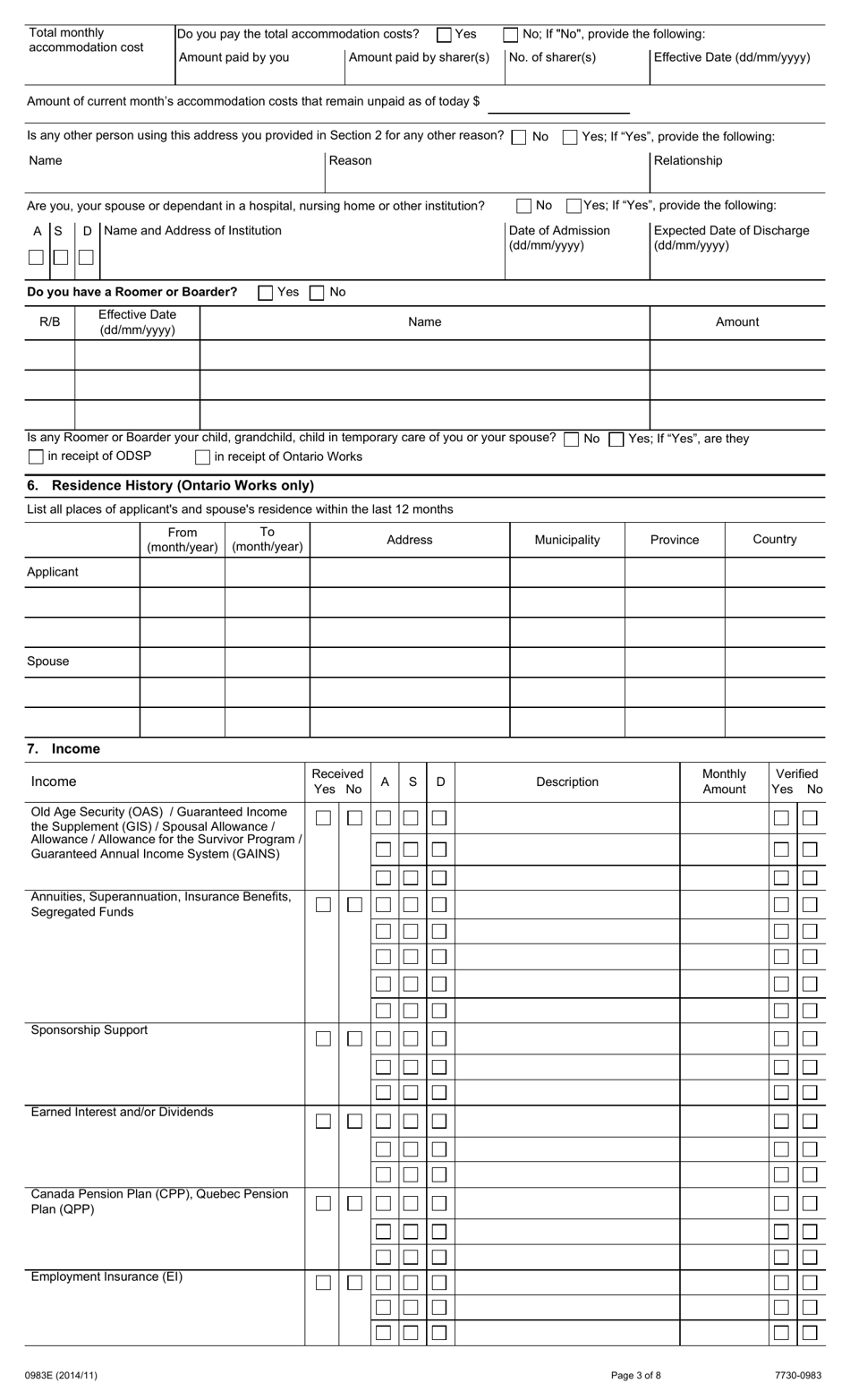 Form 0983E Application for Assistance Under Ontario Works Act and Income Support Under the Ontario Disability Support Program Act - Ontario, Canada, Page 3