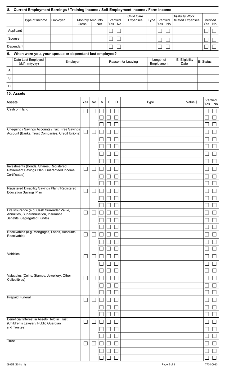 Form 0983E Application for Assistance Under Ontario Works Act and Income Support Under the Ontario Disability Support Program Act - Ontario, Canada, Page 5