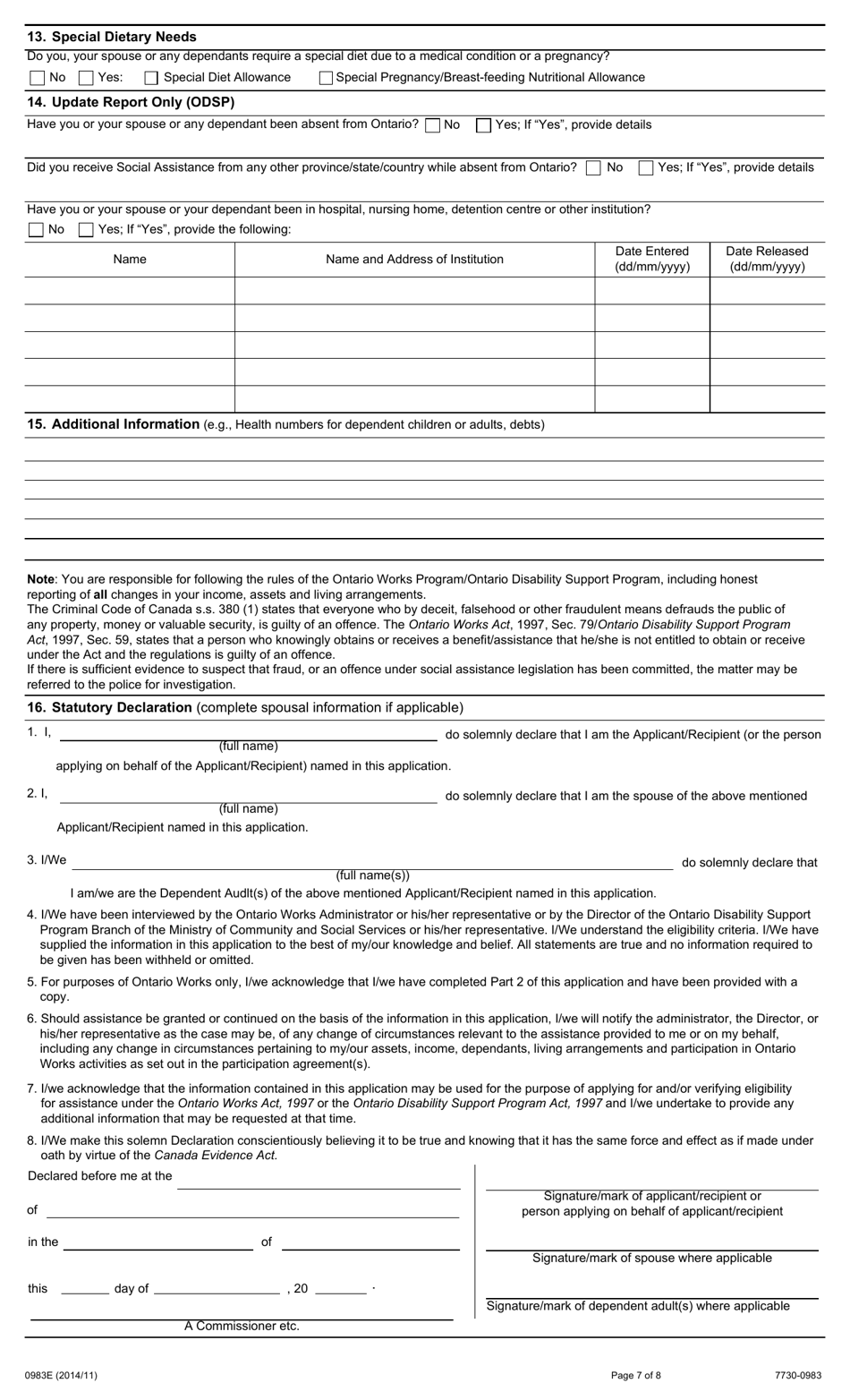 Form 0983E Application for Assistance Under Ontario Works Act and Income Support Under the Ontario Disability Support Program Act - Ontario, Canada, Page 7