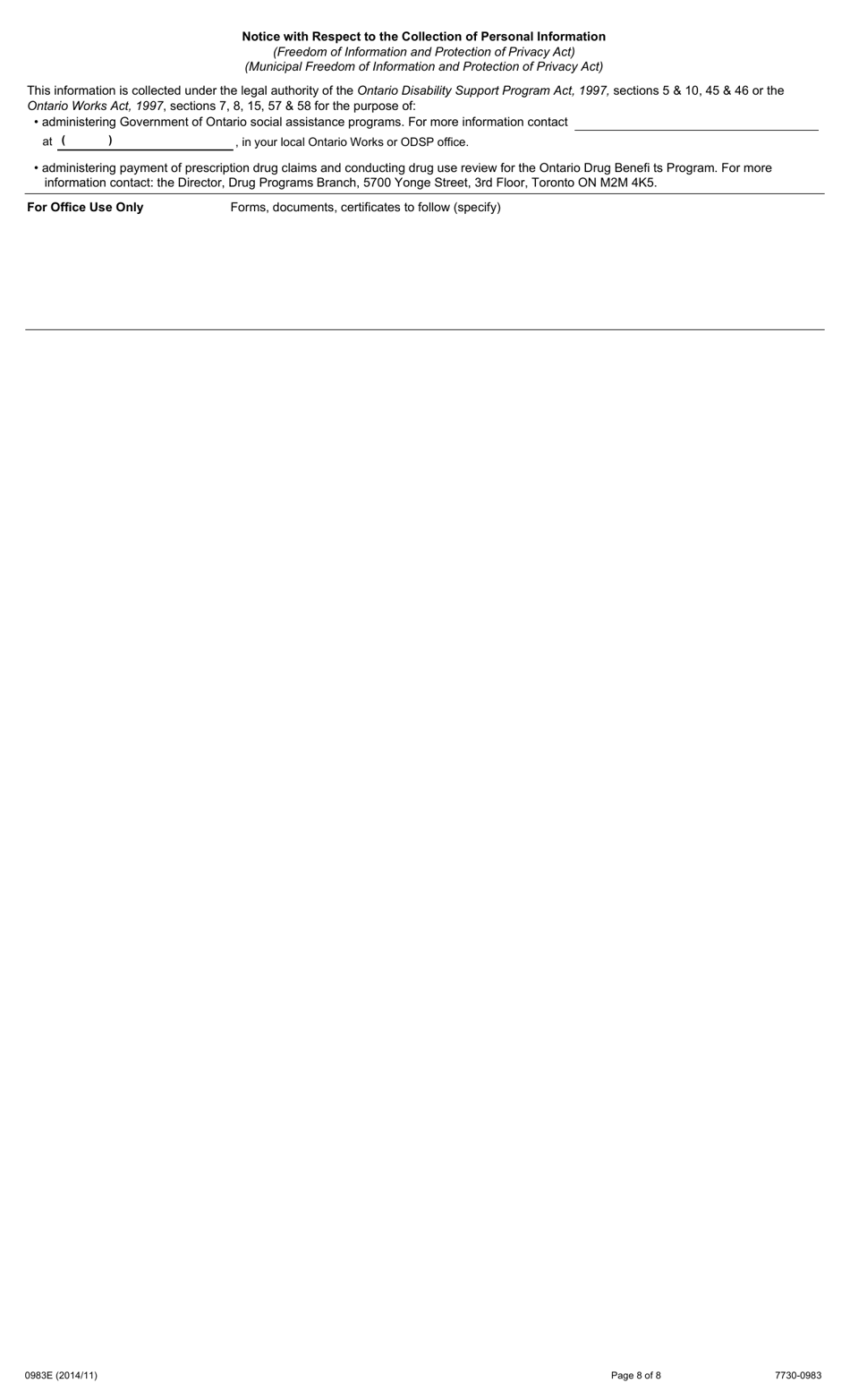 Form 0983E Application for Assistance Under Ontario Works Act and Income Support Under the Ontario Disability Support Program Act - Ontario, Canada, Page 8