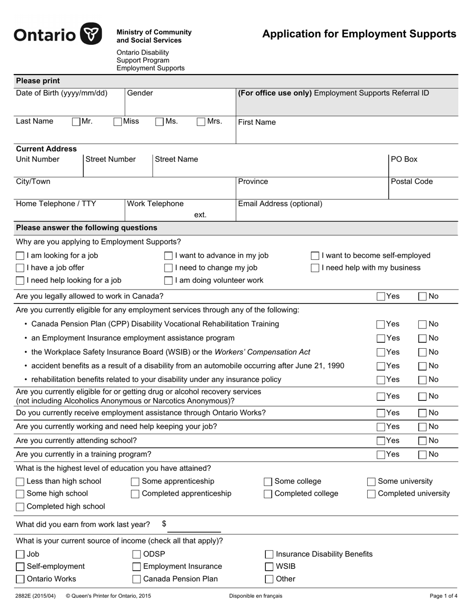 Form 2882E Application for Employment Supports - Ontario, Canada, Page 1