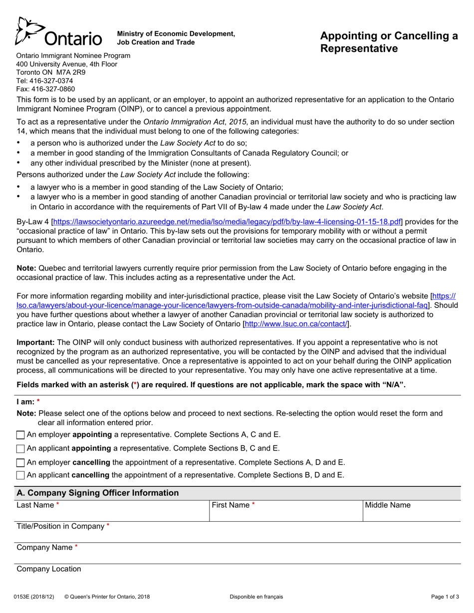 Form 0153E Appointing or Cancelling a Representative - Ontario, Canada, Page 1