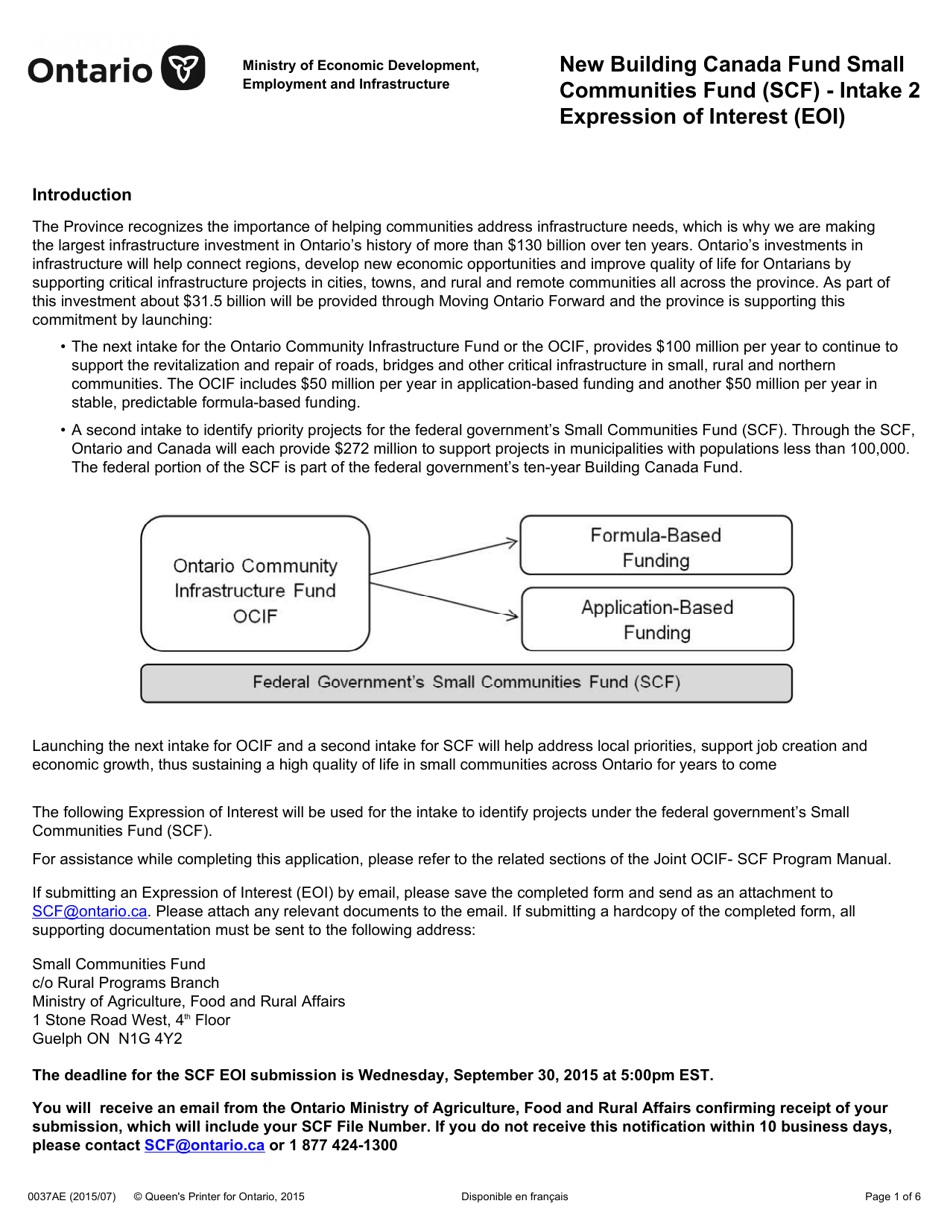 Form 0037AE New Building Canada Fund Small Communities Fund (Scf) - Intake 2 - Expression of Interest (Eoi) - Ontario, Canada, Page 1