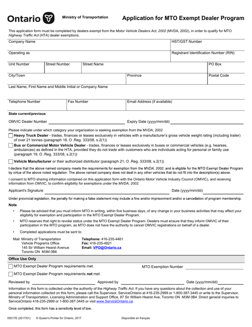 Form 05017E Application for Mto Exempt Dealer Program - Ontario, Canada