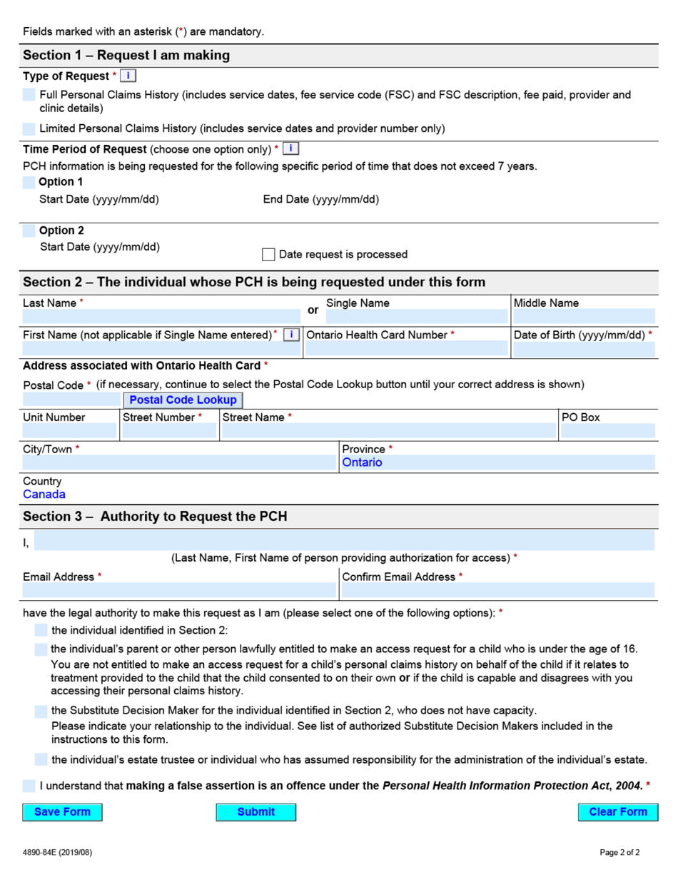 Form 4890-84E Request for Access to Personal Claims History (Pch) Information by Individual or Individuals Substitute Decision Maker - Ontario, Canada, Page 2